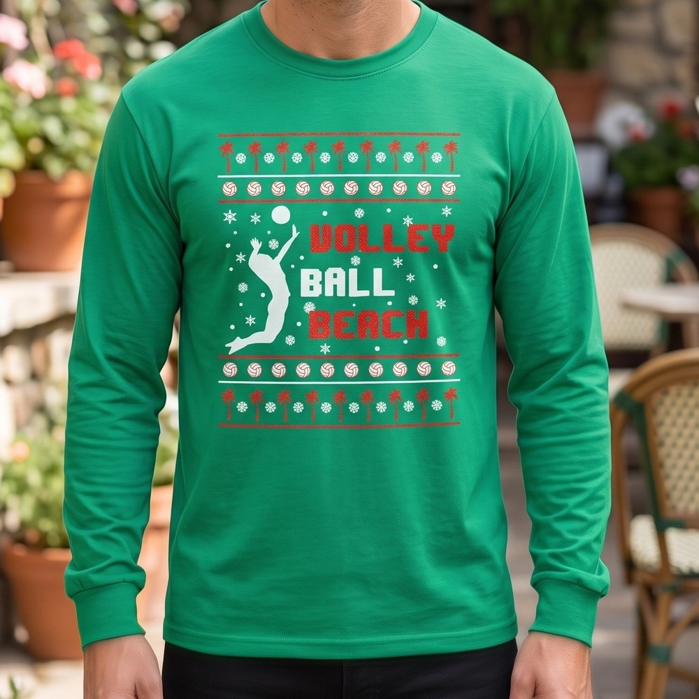 Ugly Christmas Sweater Green Volley Ball Beach Long Sleeve Graphic Tee S
